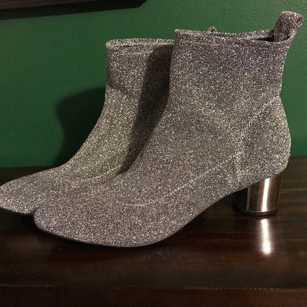 Silver Sparkly Heeled Booties Metallic 1.5” Heel